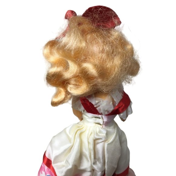 Vintage Collectible Doll With Blonde Hair wearing floral printed dress/red bow - Picture 5 of 8